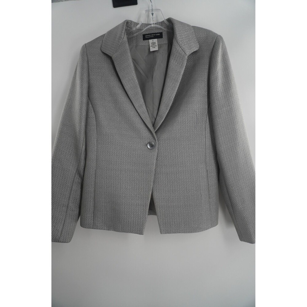 Jones New York Women's Metallic Silver Textured Tailored Career Work Blazer Sz 8